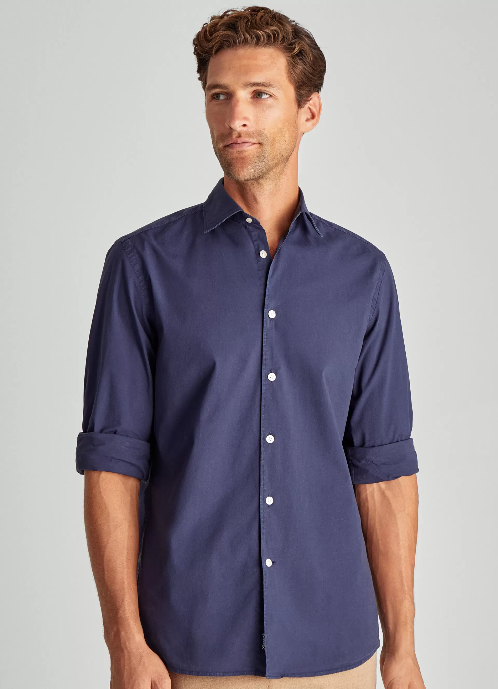 Chemises>Façonnable Chemise A Col Italien En Popeline Marine