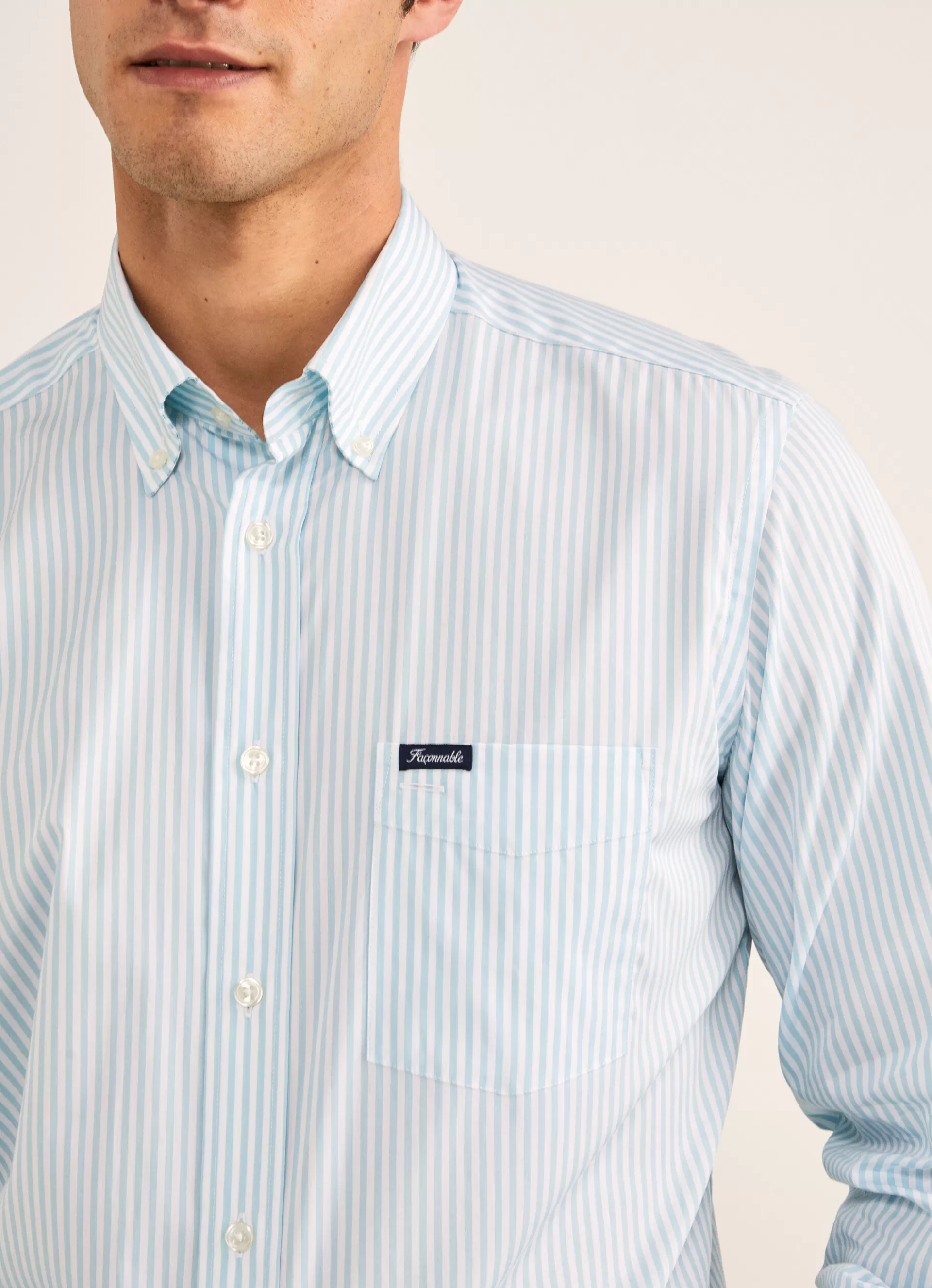 Chemises>Façonnable Chemise A Rayures Bengale En Popeline Aqua