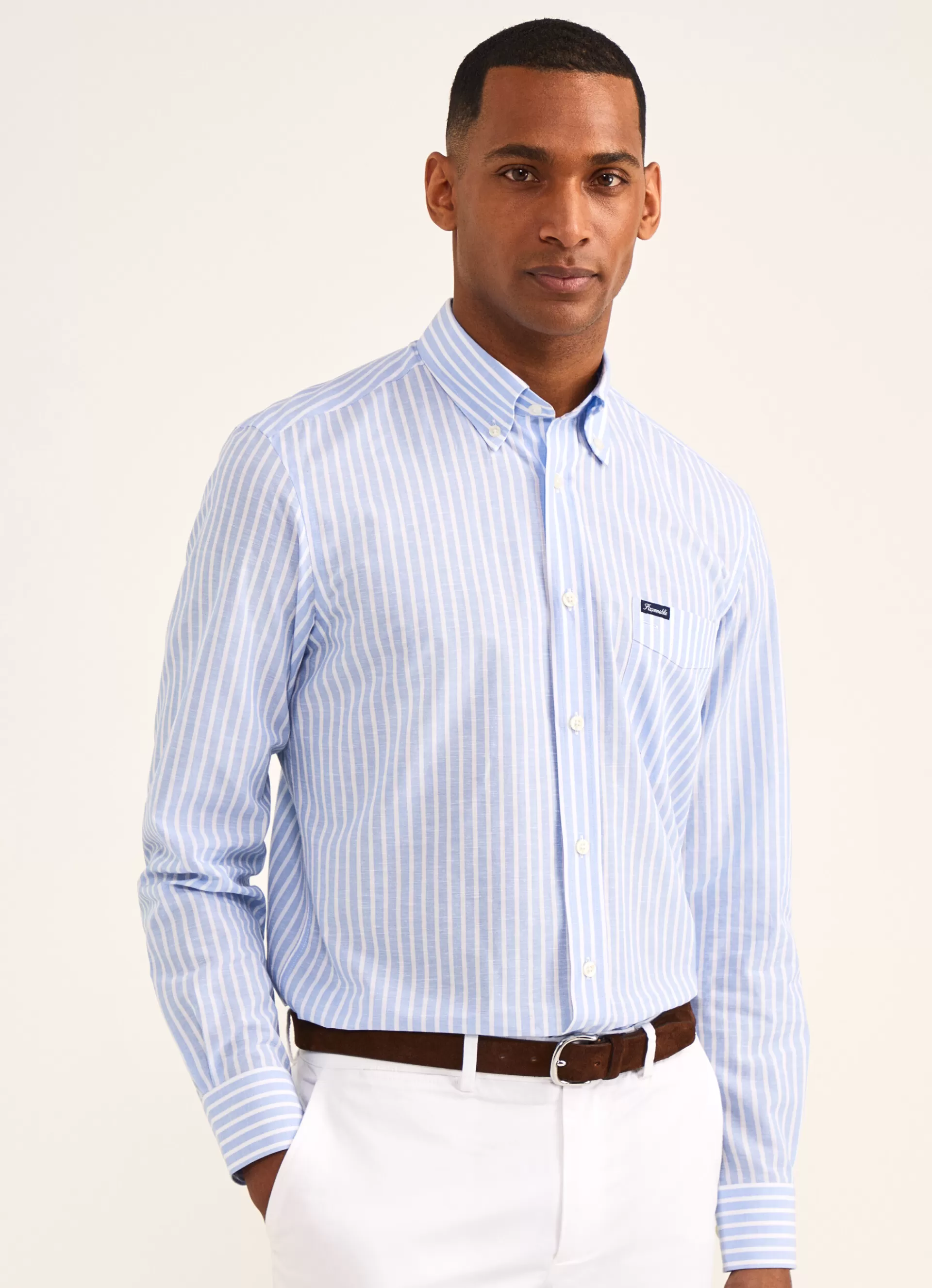 Lin>Façonnable Chemise A Rayures En Coton Et Lin Horizon Blue