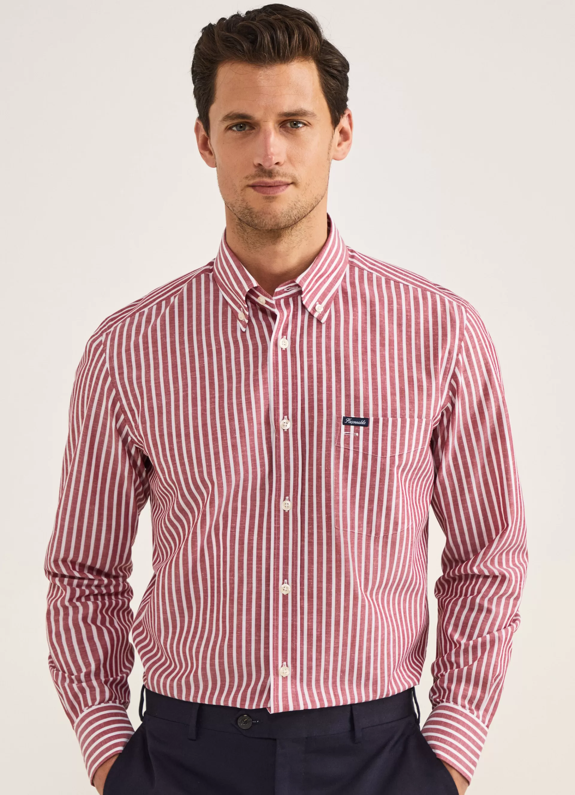Lin>Façonnable Chemise A Rayures En Coton Et Lin Mars Red