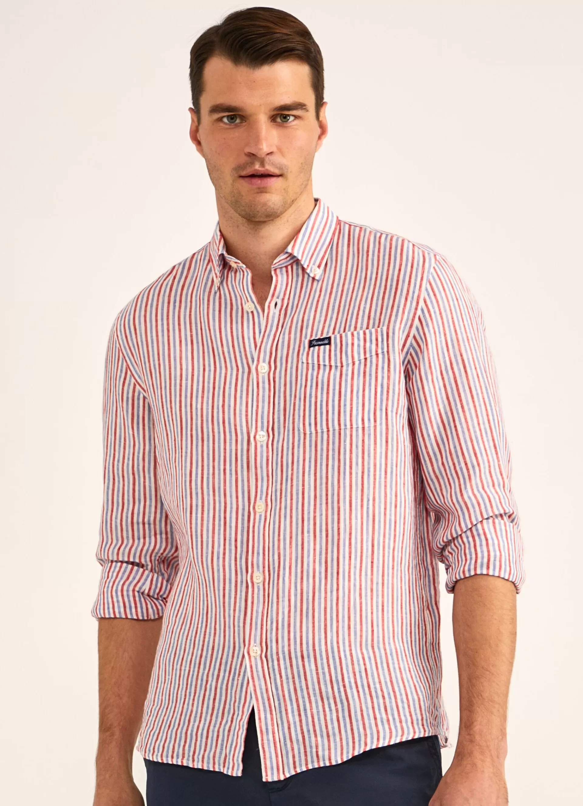 Chemises>Façonnable Chemise A Rayures En Lin Blue/Red