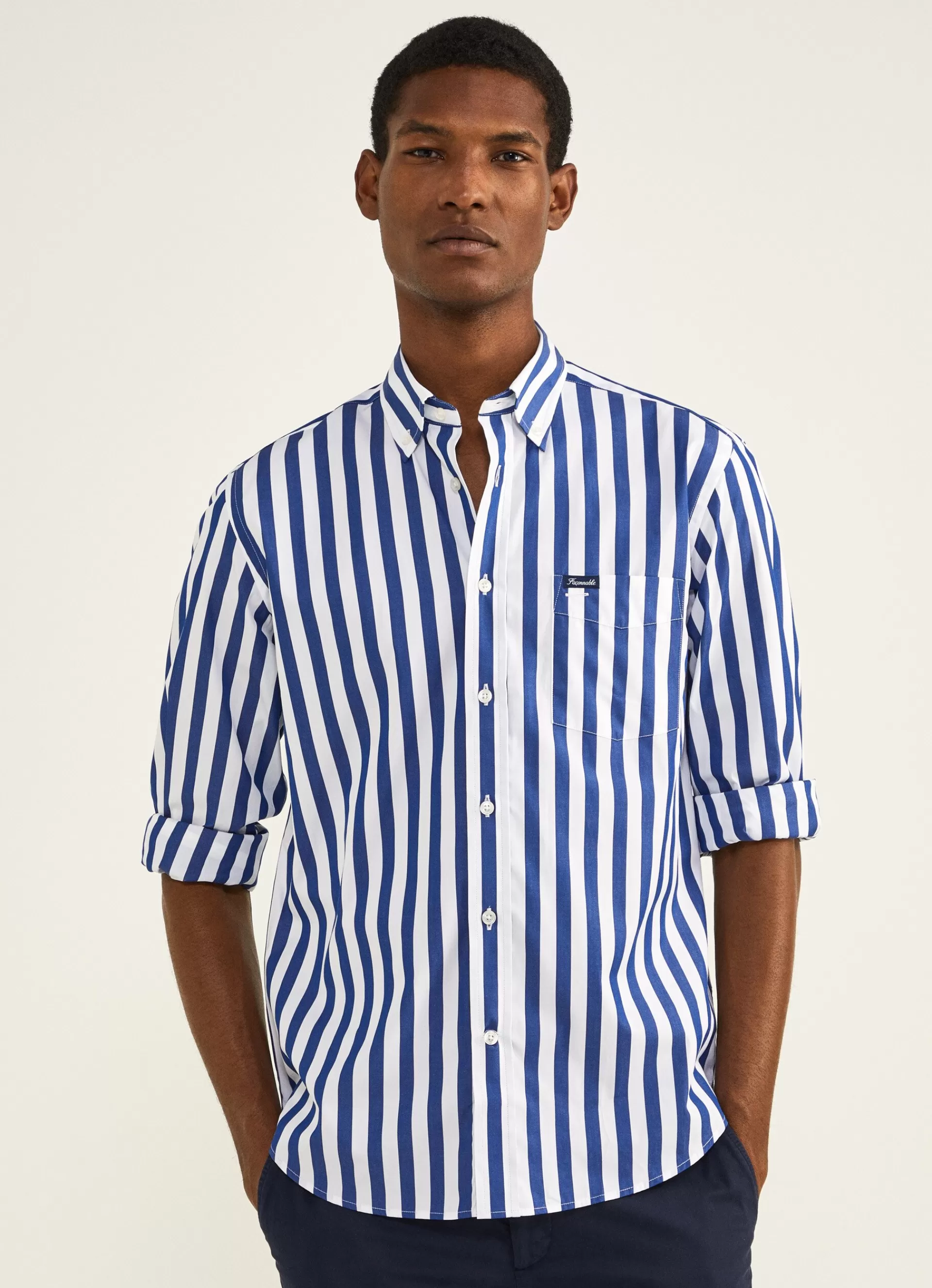 Chemises>Façonnable Chemise A Rayures En Popeline Naval Blue