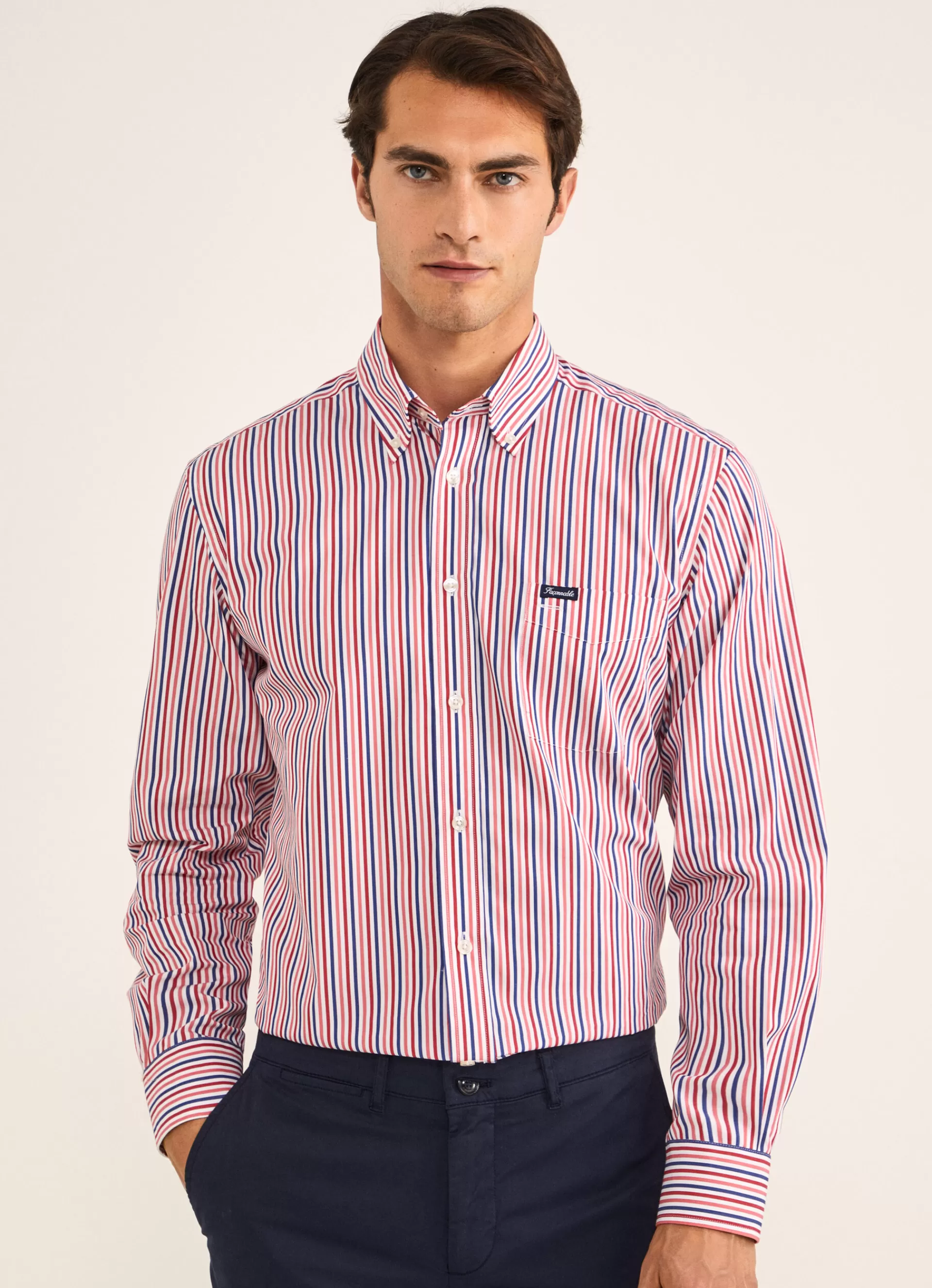 Chemises>Façonnable Chemise A Rayures En Popeline Red/Navy
