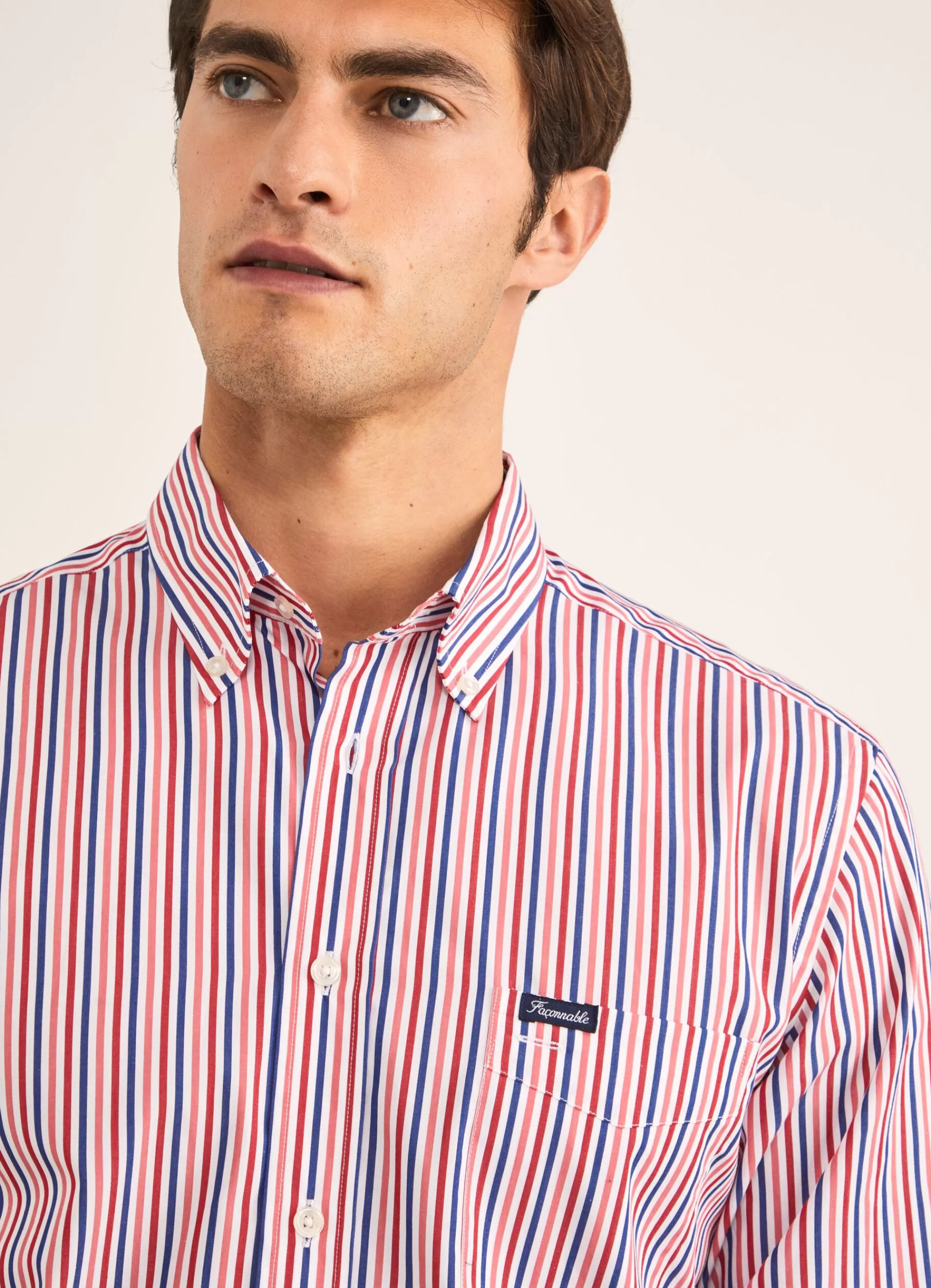 Chemises>Façonnable Chemise A Rayures En Popeline Red/Navy