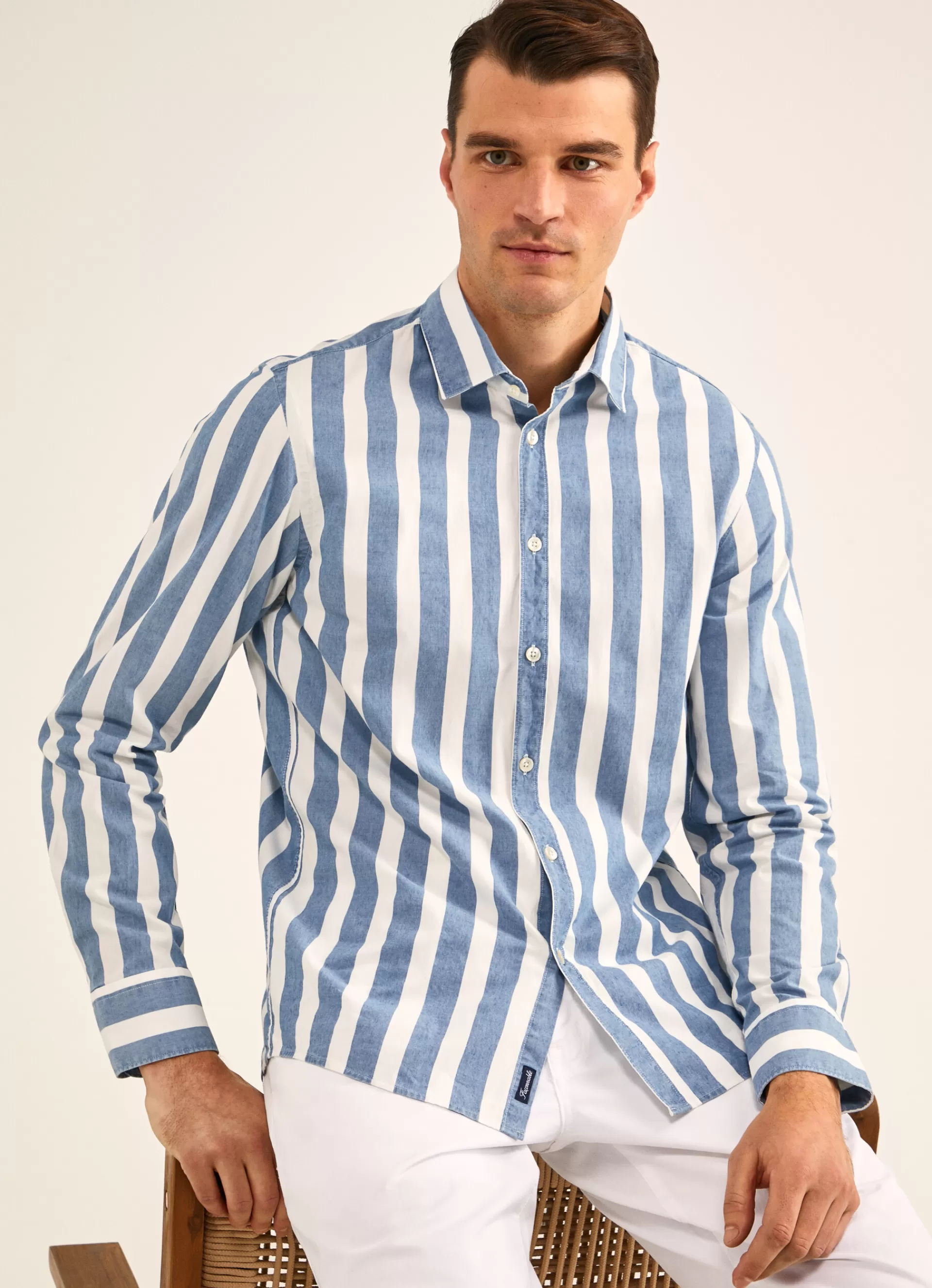 Chemises>Façonnable Chemise A Rayures Larges Delavees Ecru/Denim