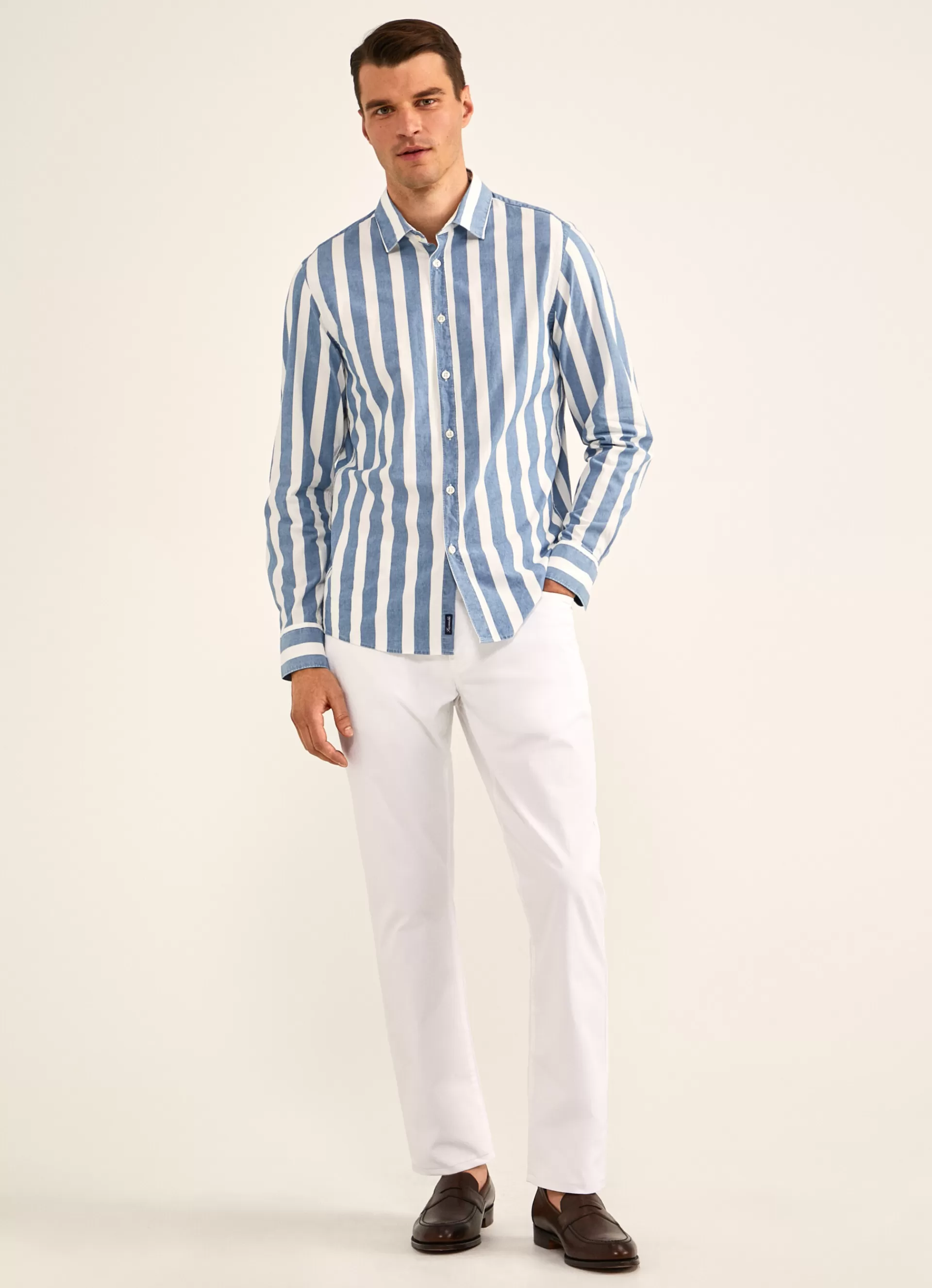 Chemises>Façonnable Chemise A Rayures Larges Delavees Ecru/Denim