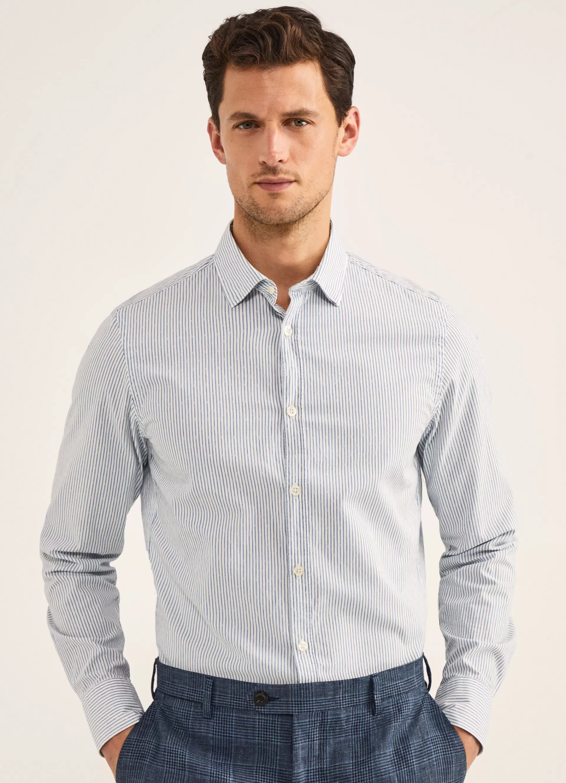 Chemises>Façonnable Chemise Dobby Rayee Texturee Ecru/Denim