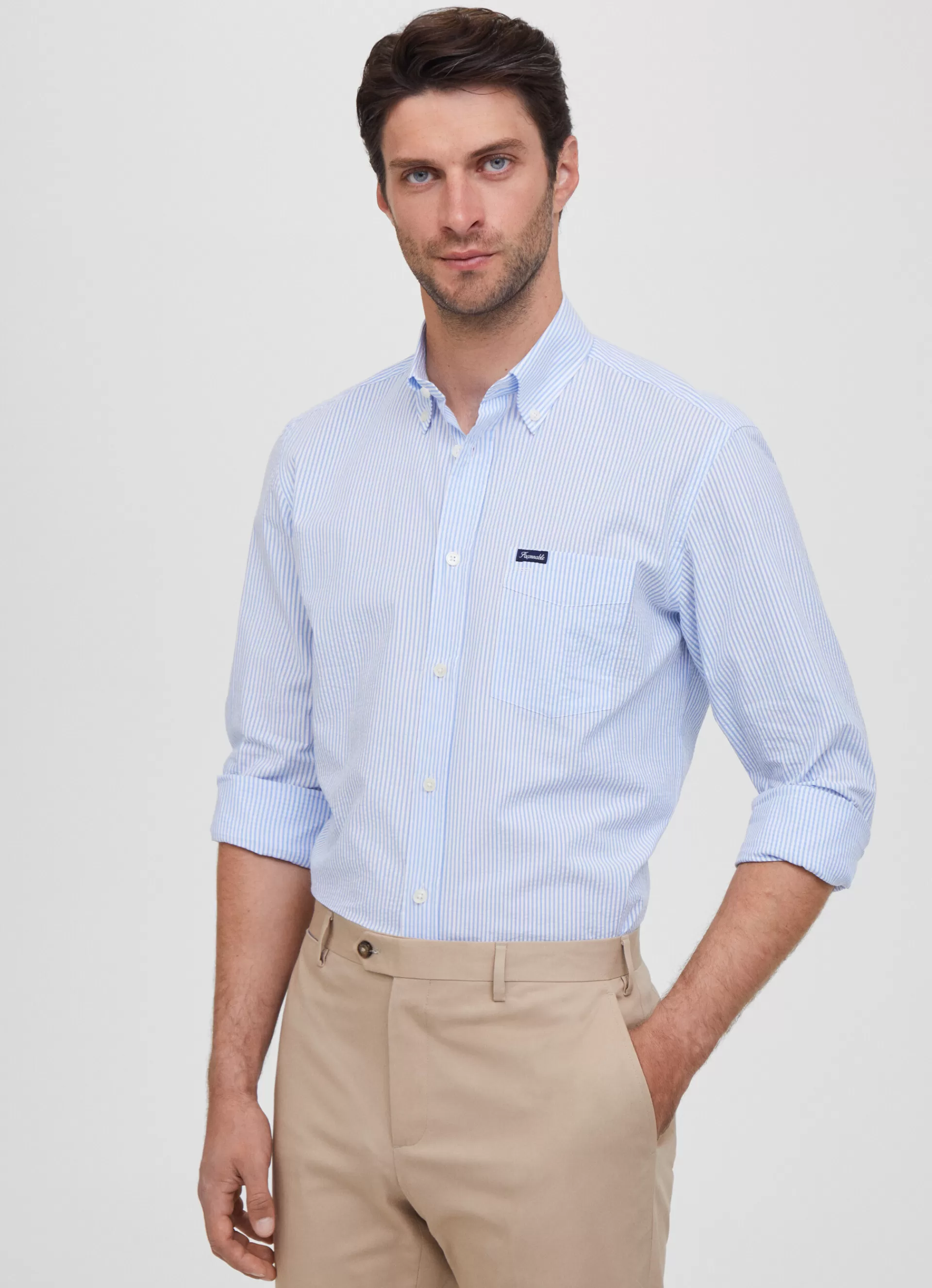 Chemises>Façonnable Chemise En Seersucker De Coton Horizon Blue