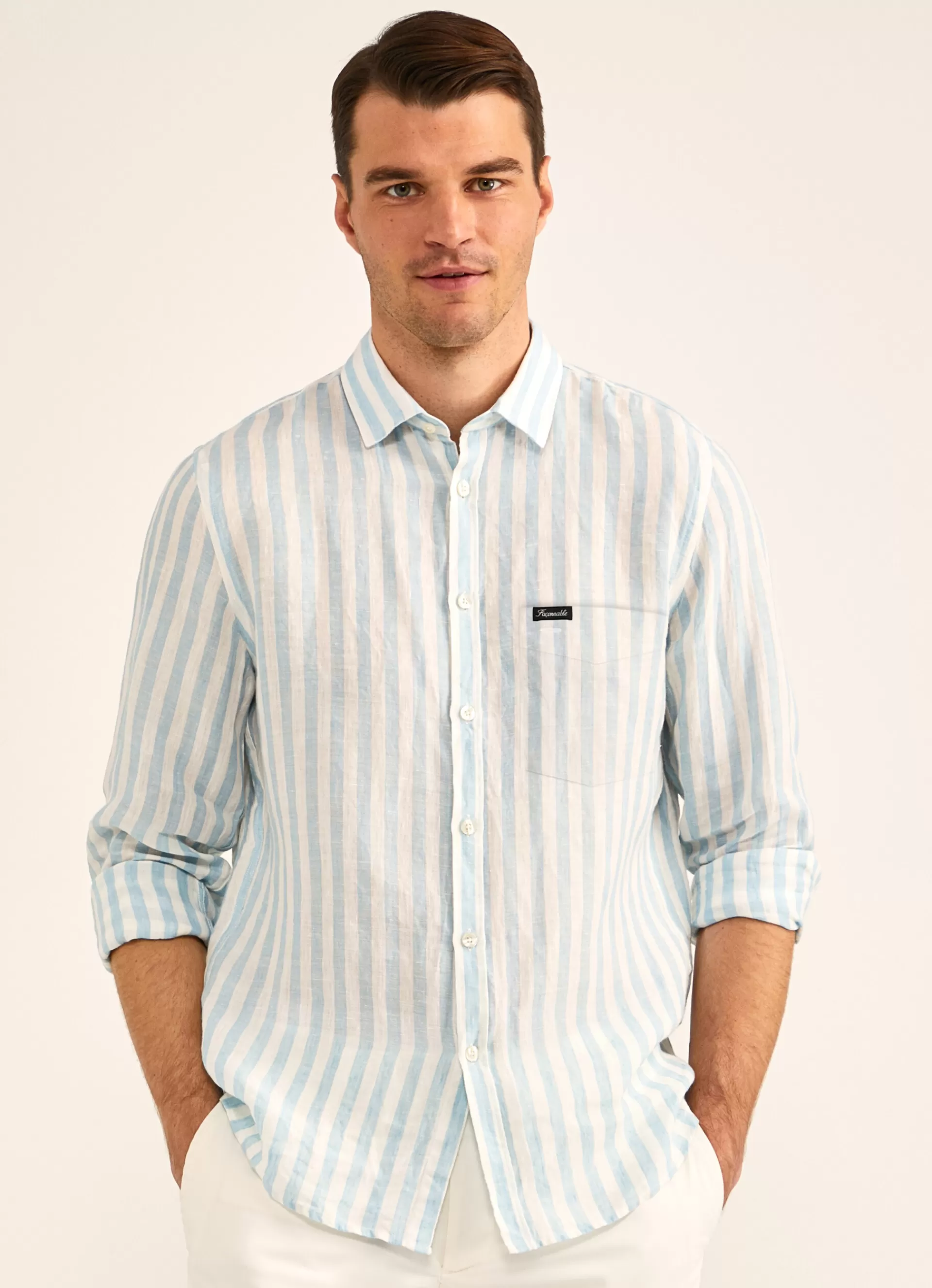 Lin>Façonnable Chemise Imprime A Rayures En Lin Aqua