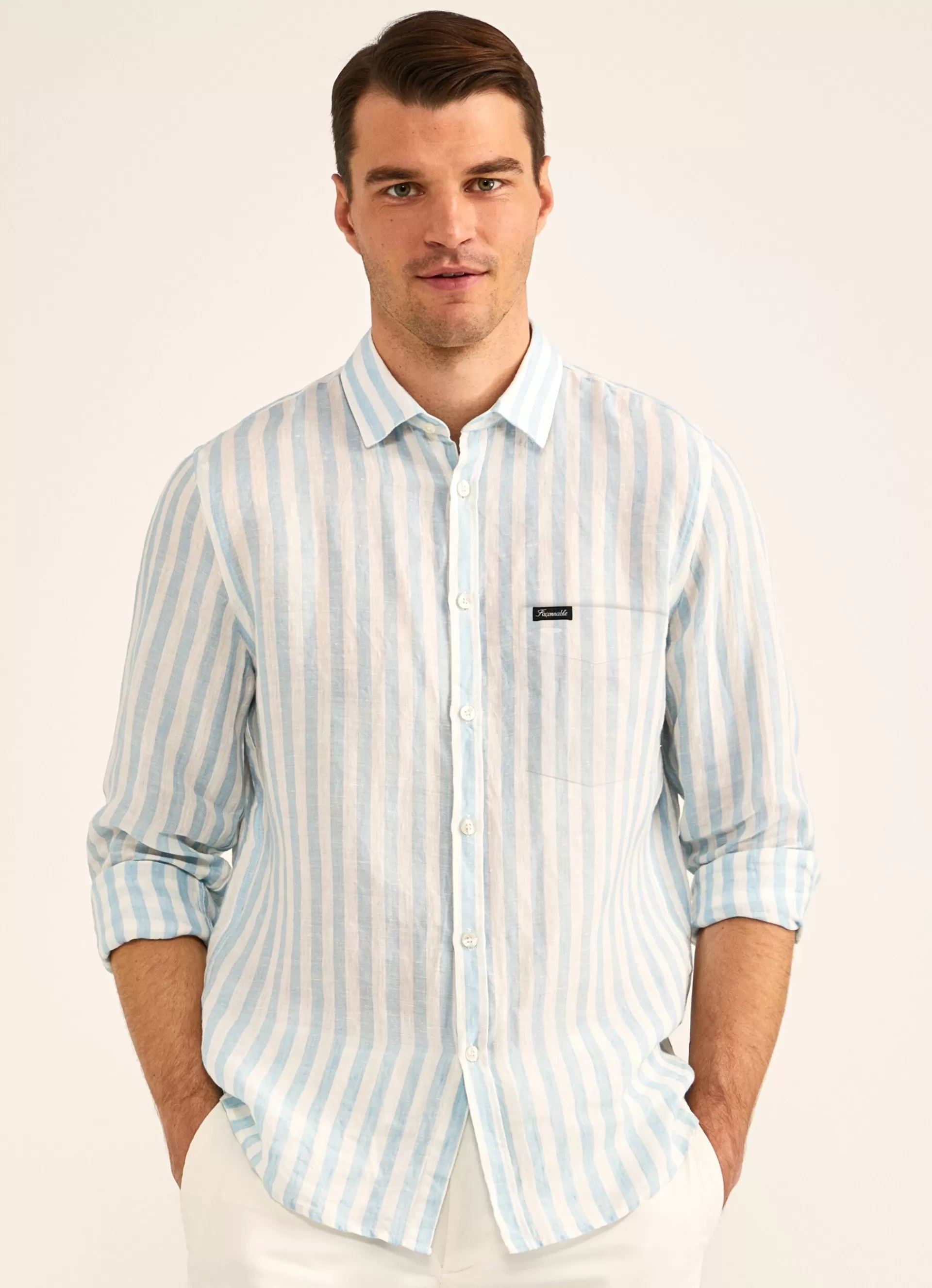 Chemises>Façonnable Chemise Imprime A Rayures En Lin Aqua