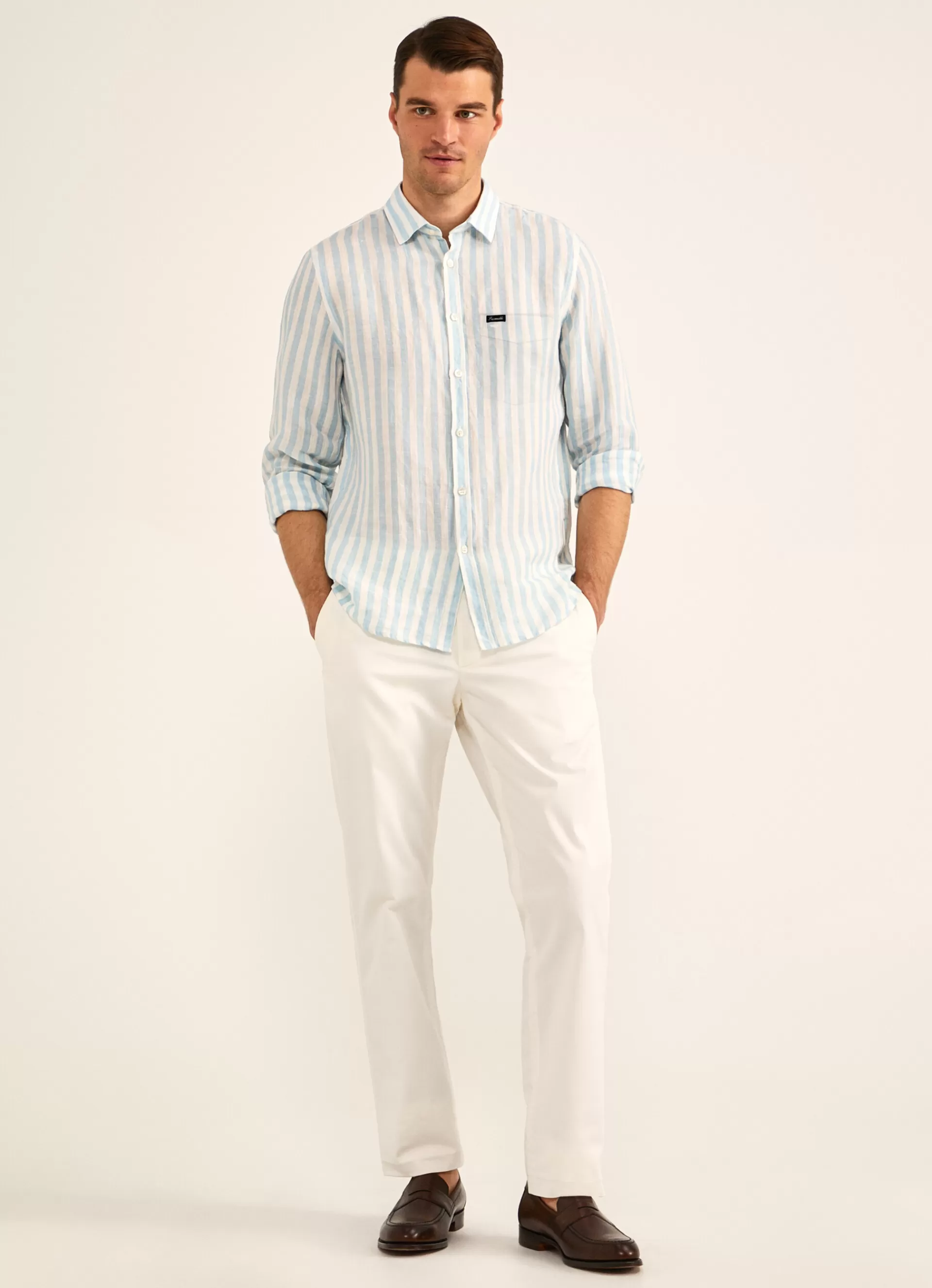 Lin>Façonnable Chemise Imprime A Rayures En Lin Aqua