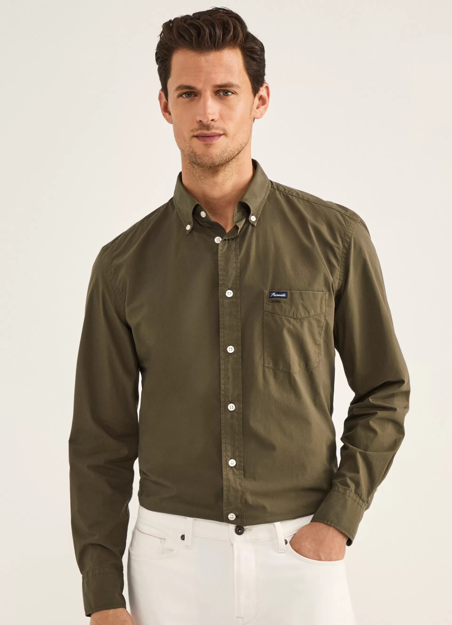 Chemises>Façonnable Chemise Unie En Coton Khaki Green
