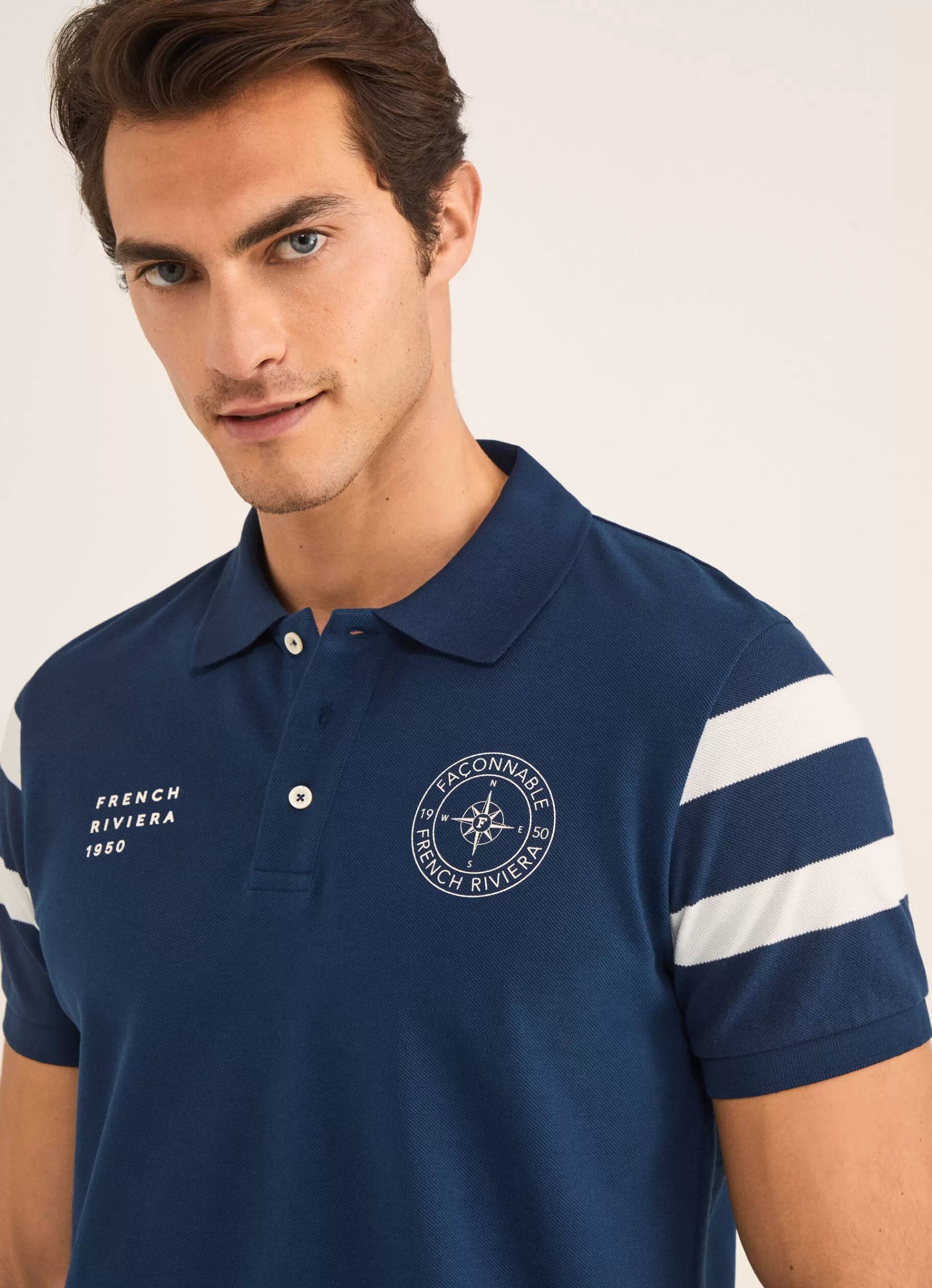 Polos>Façonnable Polo A Imprime Nautique En Pique Naval Blue