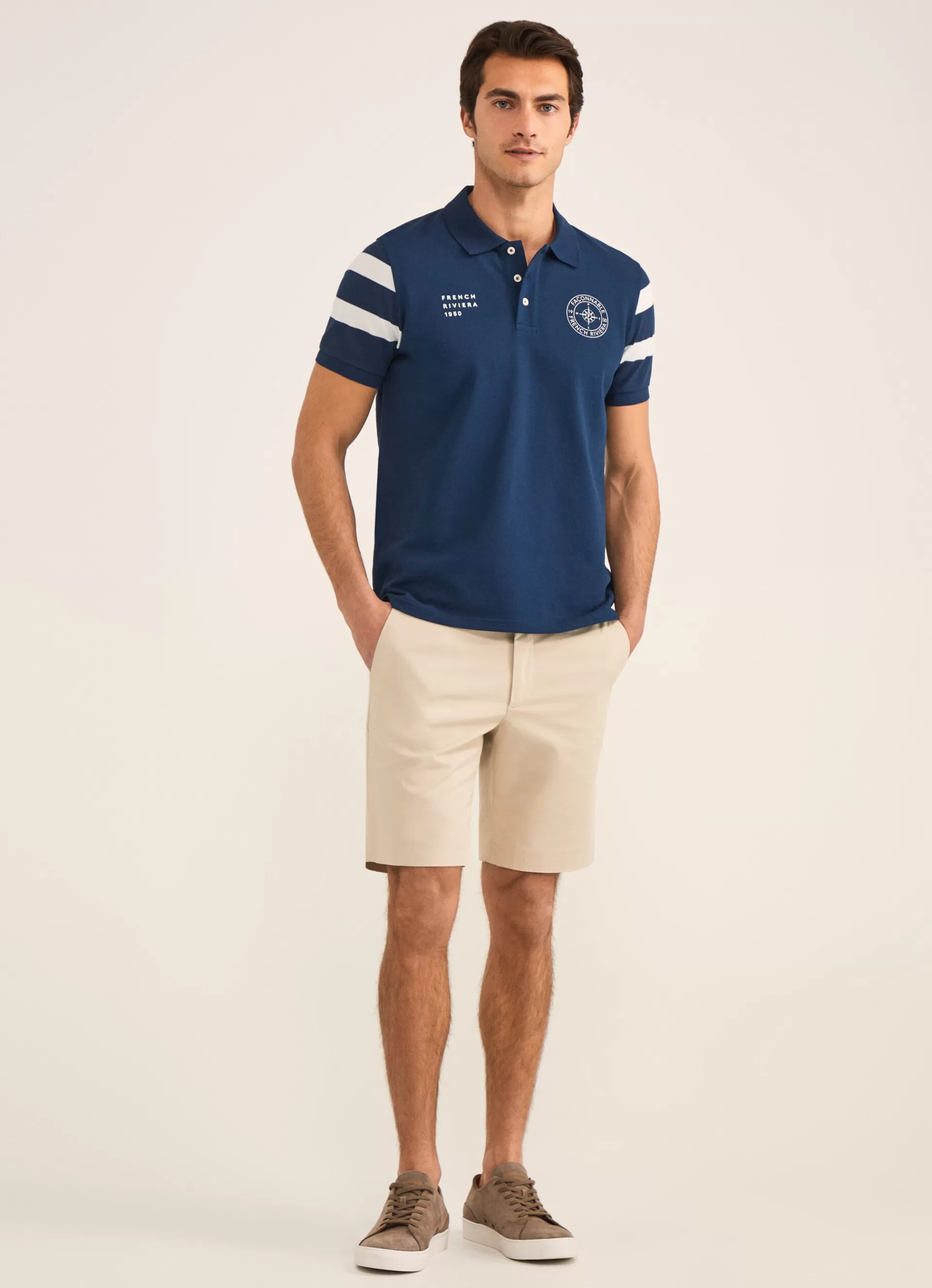 Polos>Façonnable Polo A Imprime Nautique En Pique Naval Blue