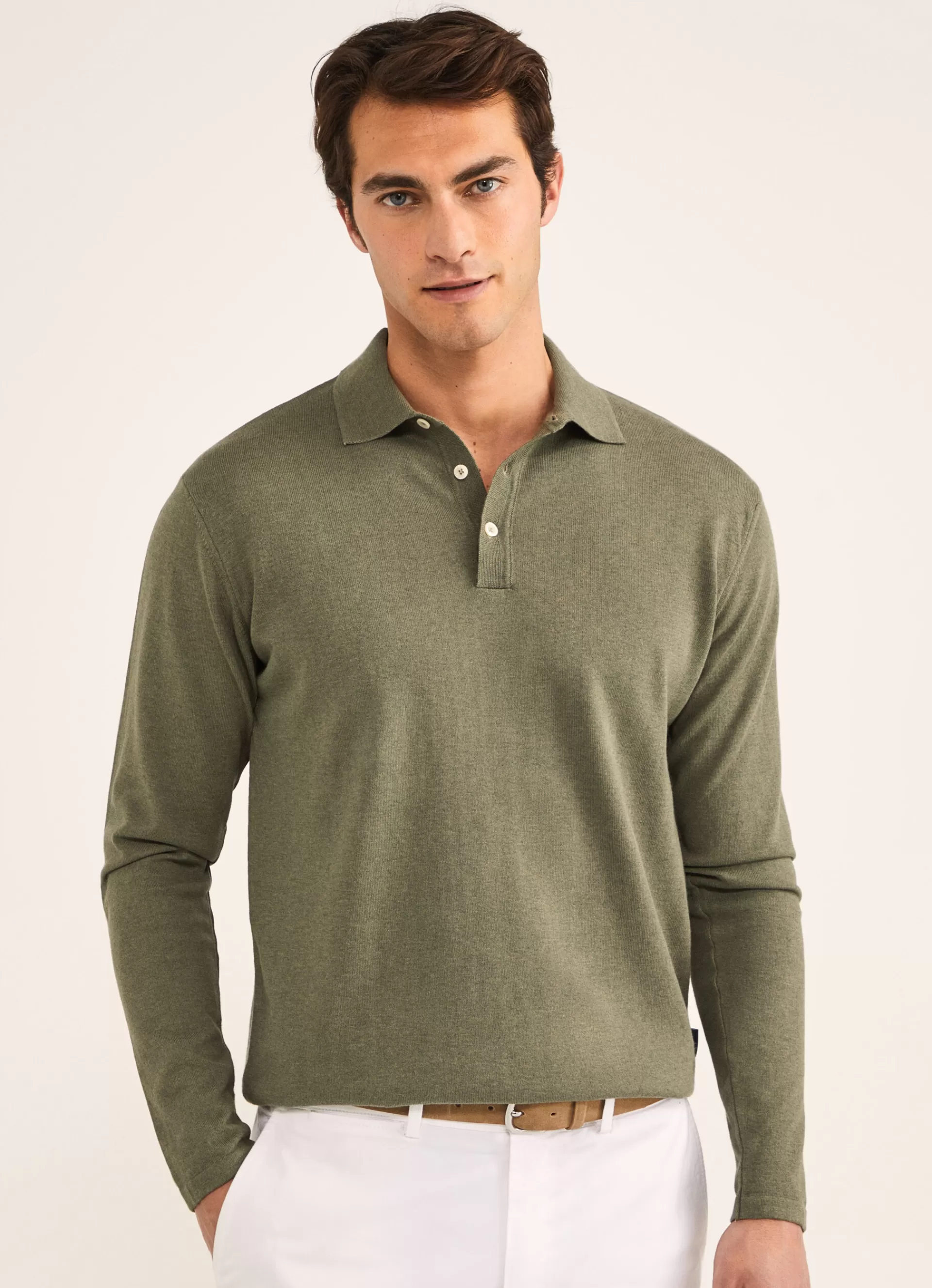 Polos>Façonnable Polo A Manches Longues En Crepe Khaki Green