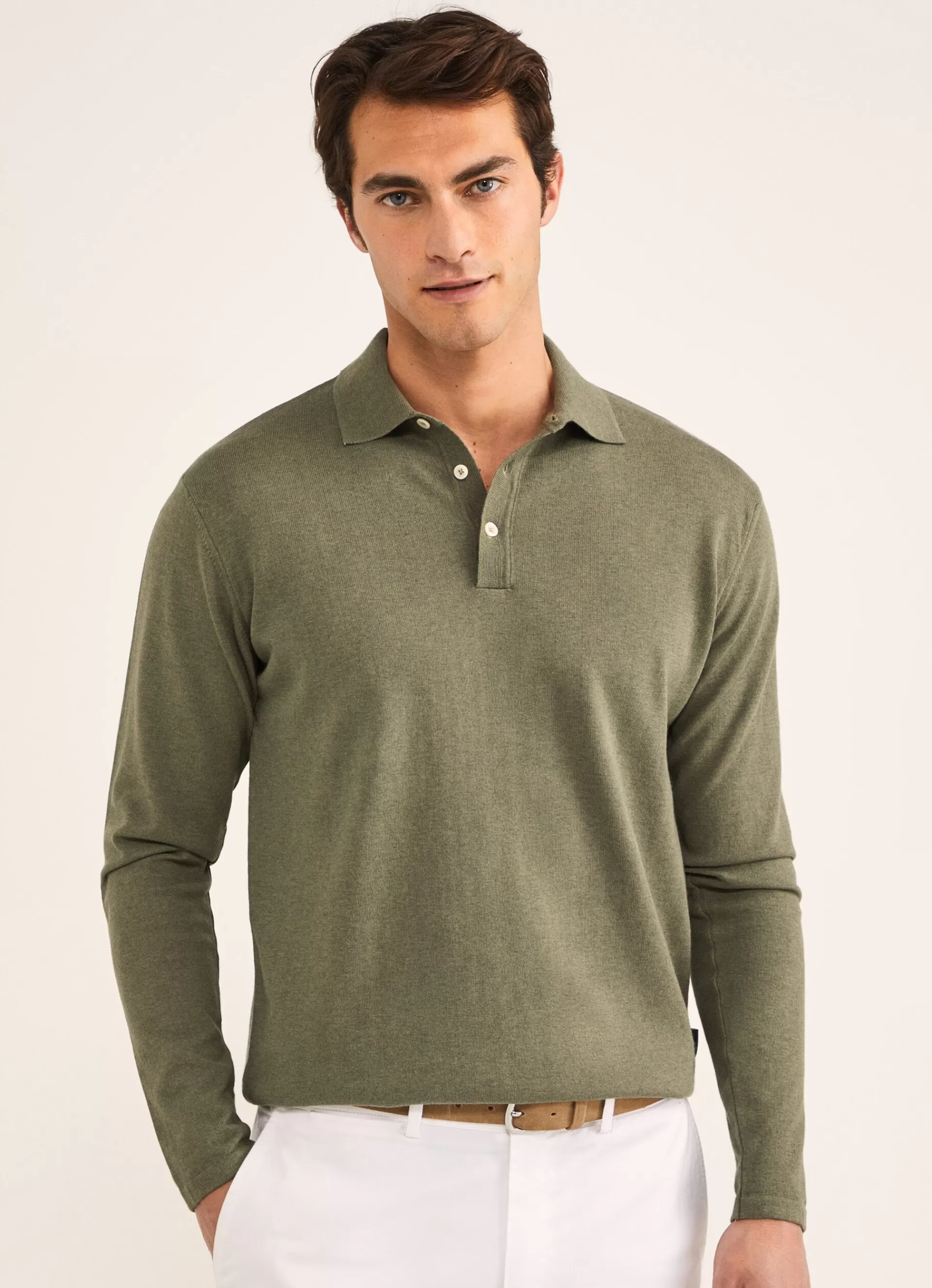 Pulls>Façonnable Polo A Manches Longues En Crepe Khaki Green