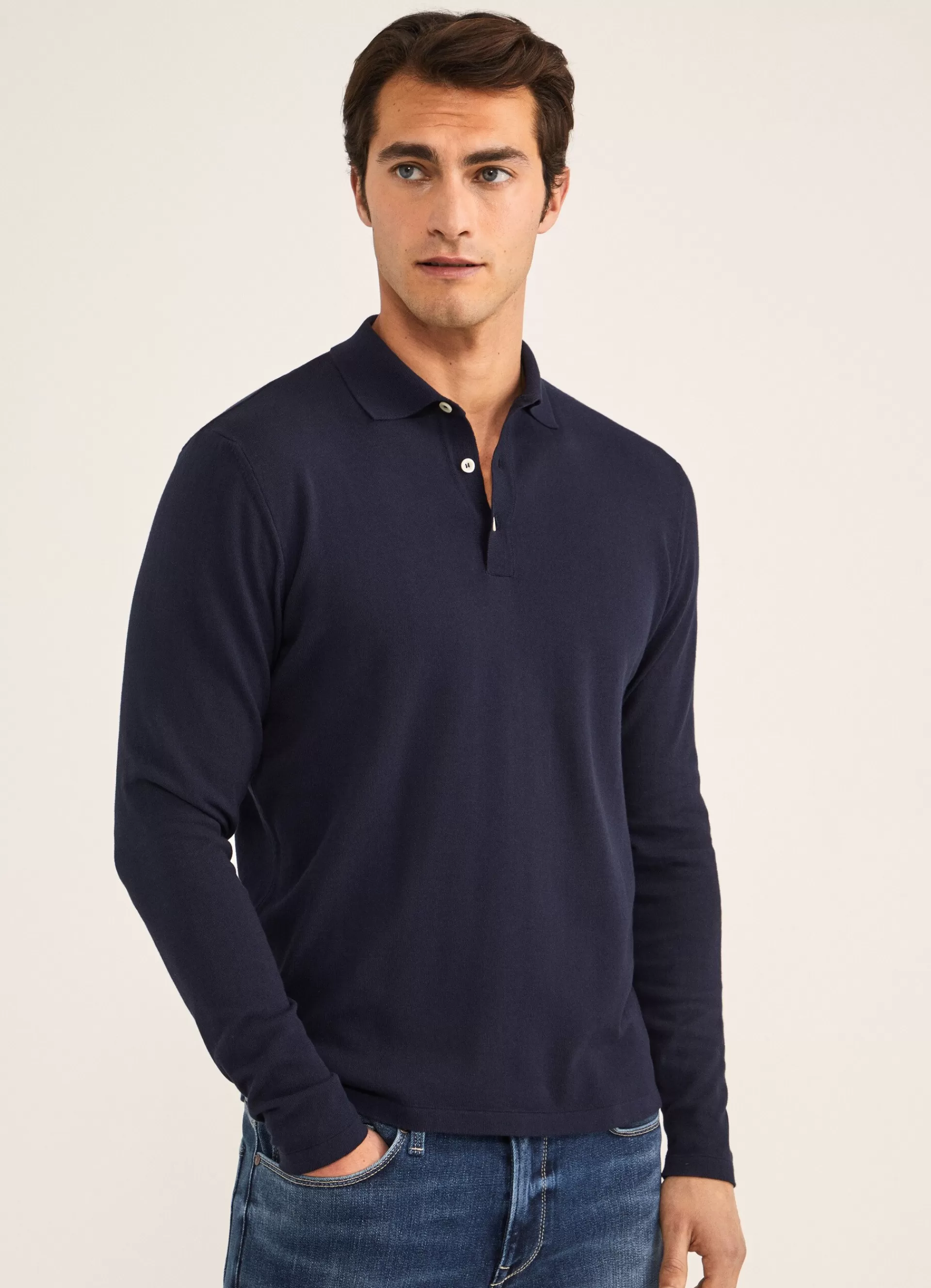 Pulls>Façonnable Polo A Manches Longues En Crepe Marine