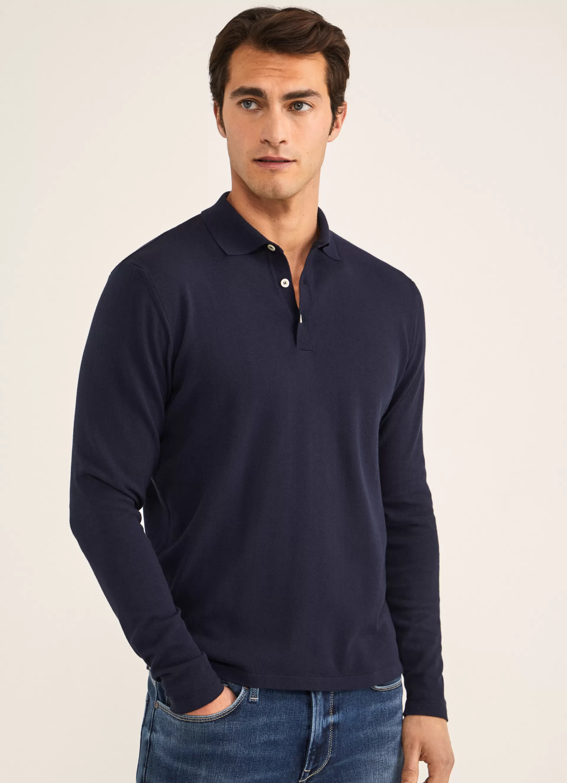 Polos>Façonnable Polo A Manches Longues En Crepe Marine