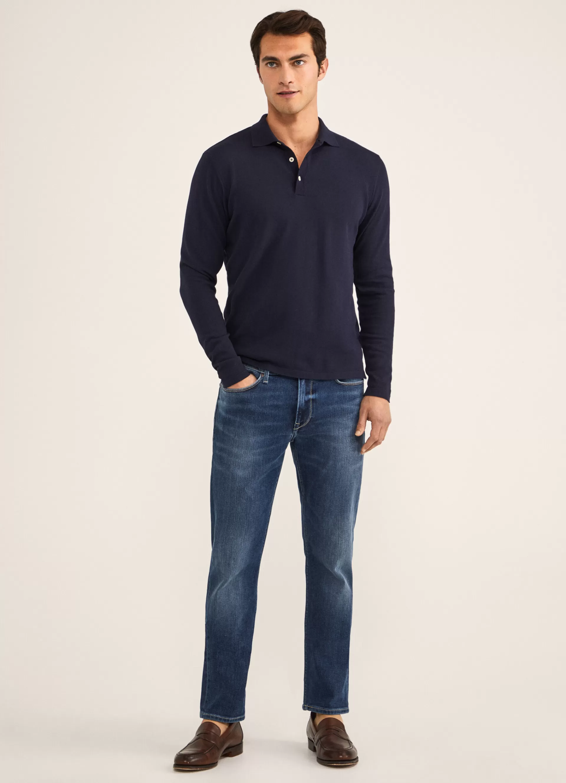 Polos>Façonnable Polo A Manches Longues En Crepe Marine