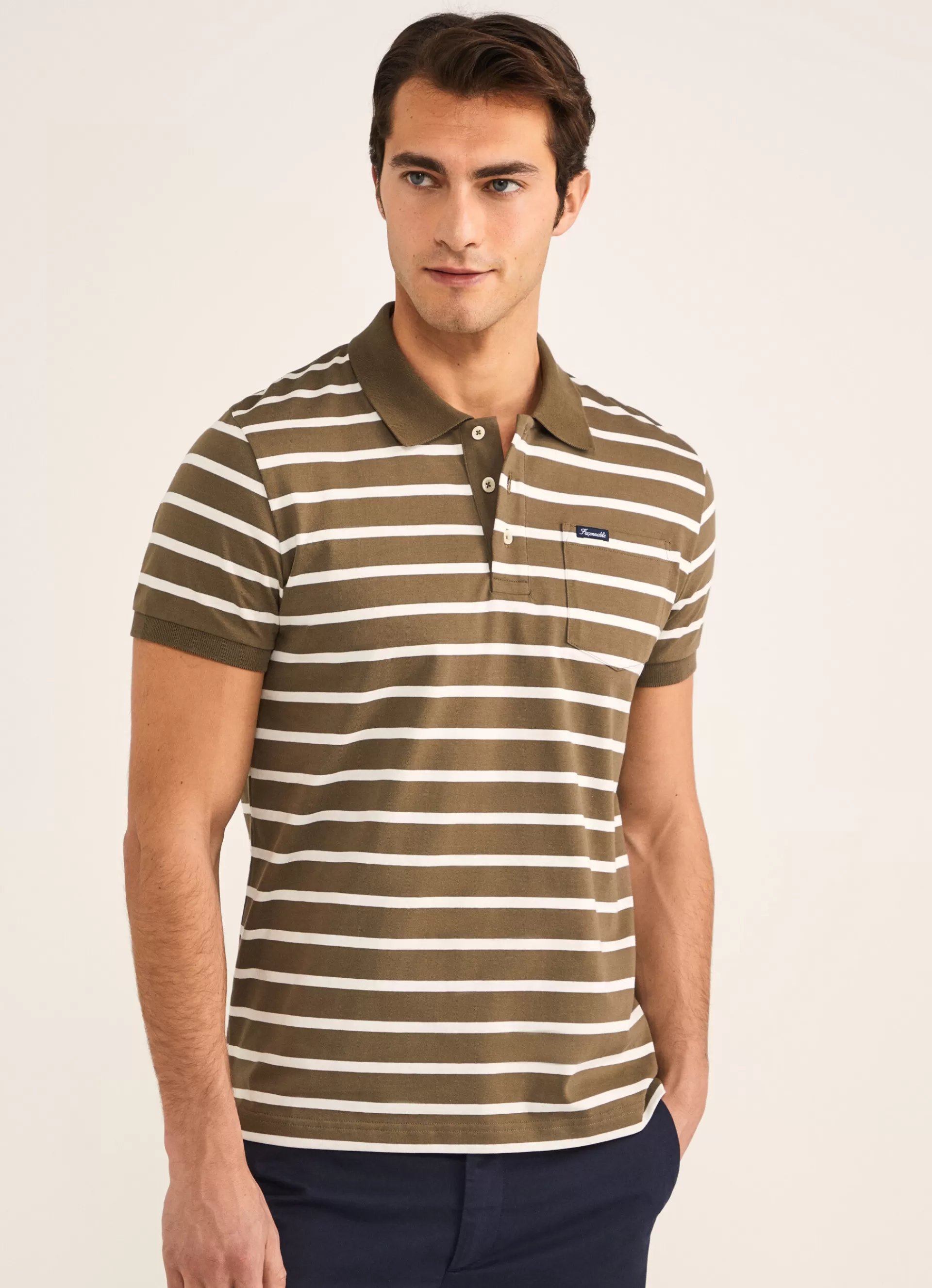 Polos>Façonnable Polo En Jersey De Coton A Rayures Khaki/Ecru