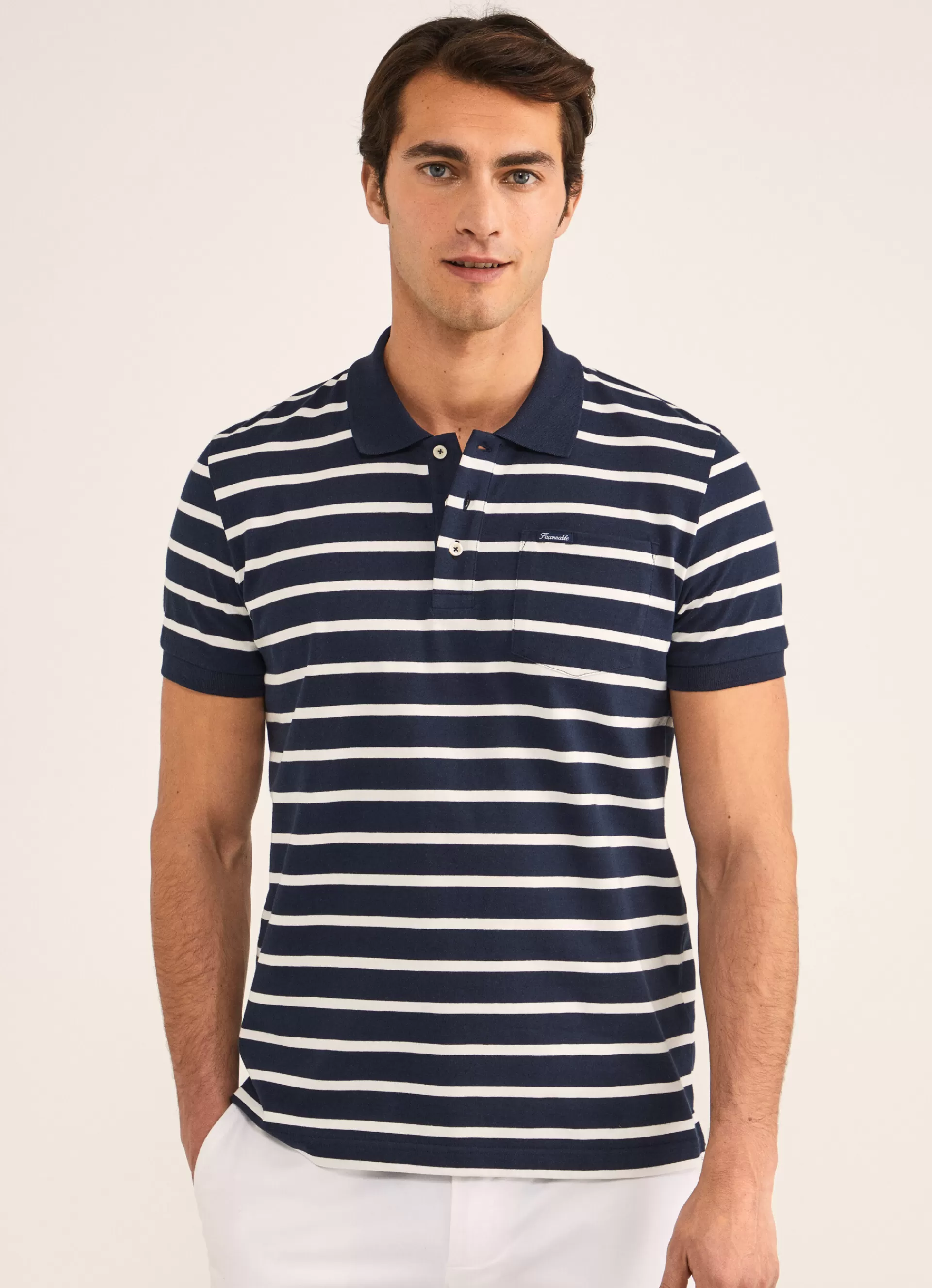 Polos>Façonnable Polo En Jersey De Coton A Rayures Navy/White