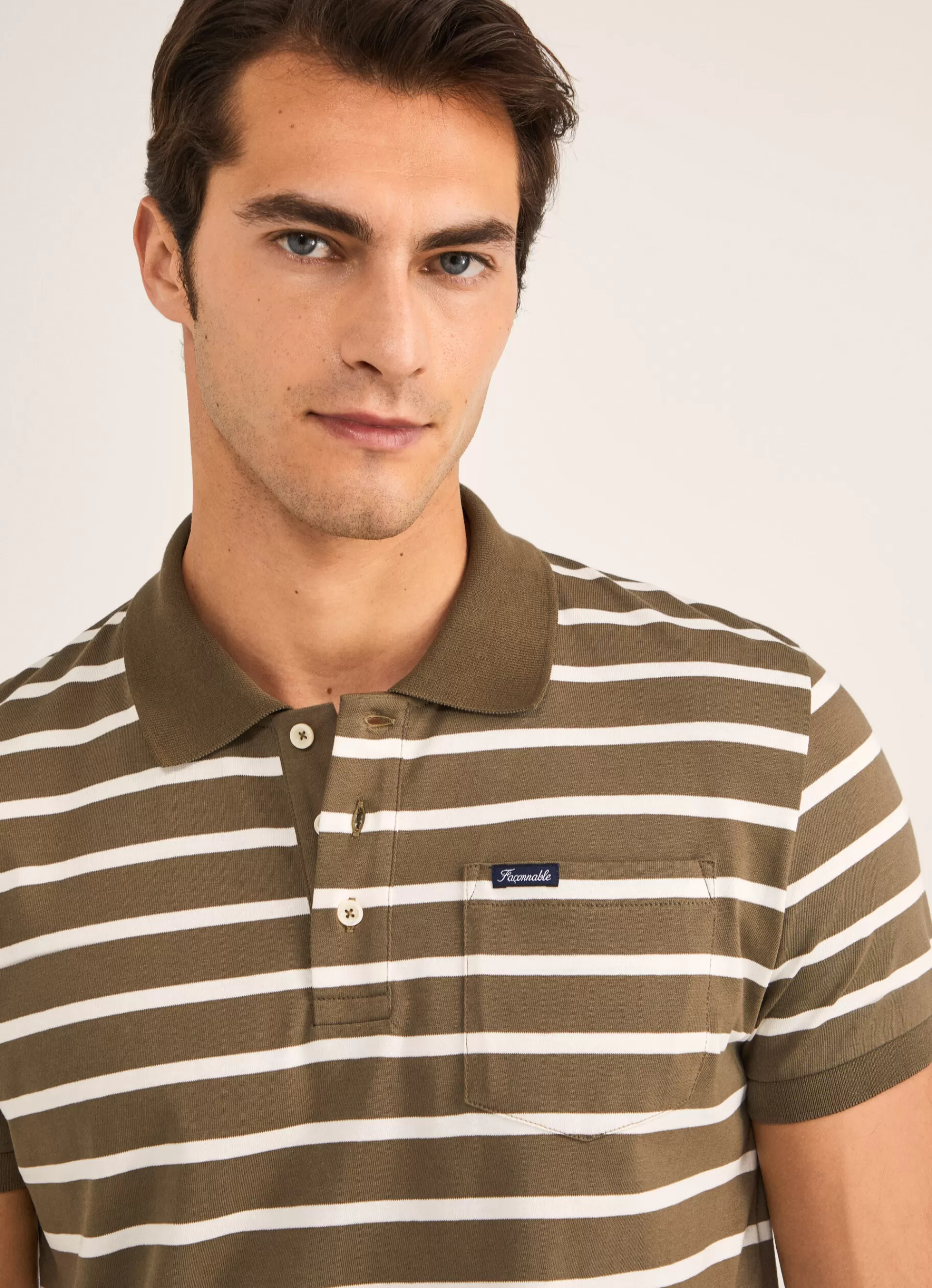 Polos>Façonnable Polo En Jersey De Coton A Rayures Khaki/Ecru