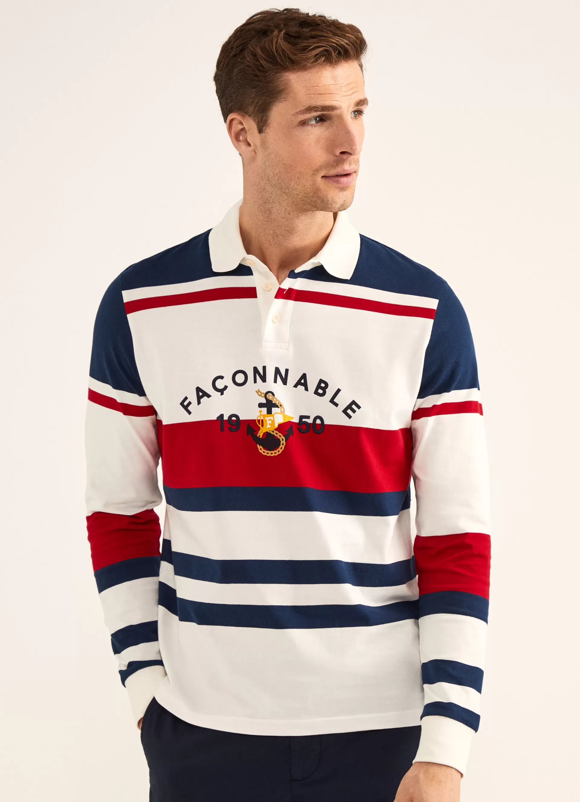 Polos>Façonnable Polo En Maille A Manches Longues Red/Off Wht/Navy