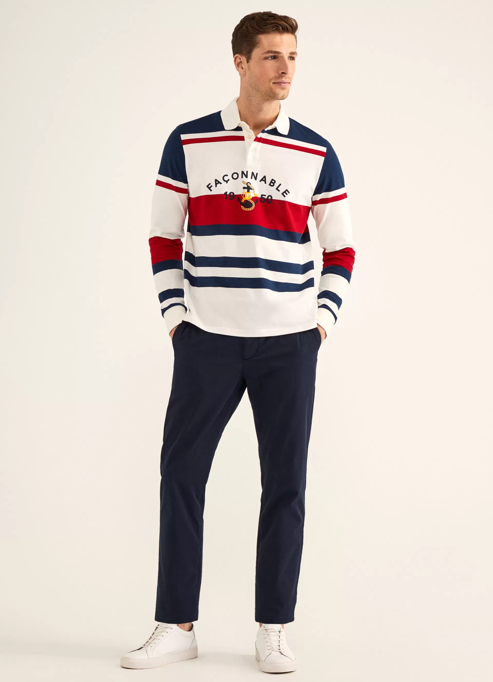 Polos>Façonnable Polo En Maille A Manches Longues Red/Off Wht/Navy
