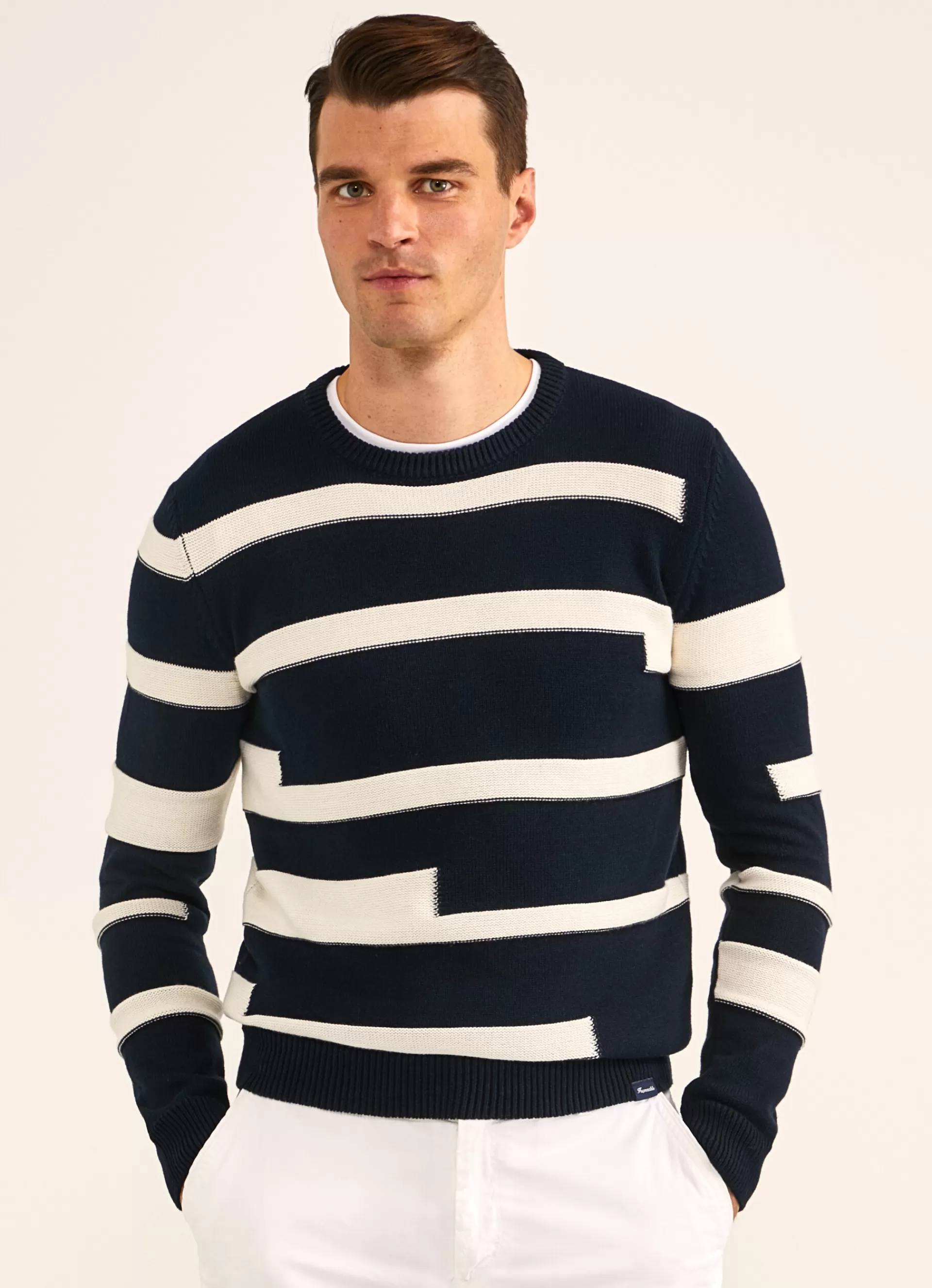 Pulls>Façonnable Pull A Rayures En Intarsia Navy/White