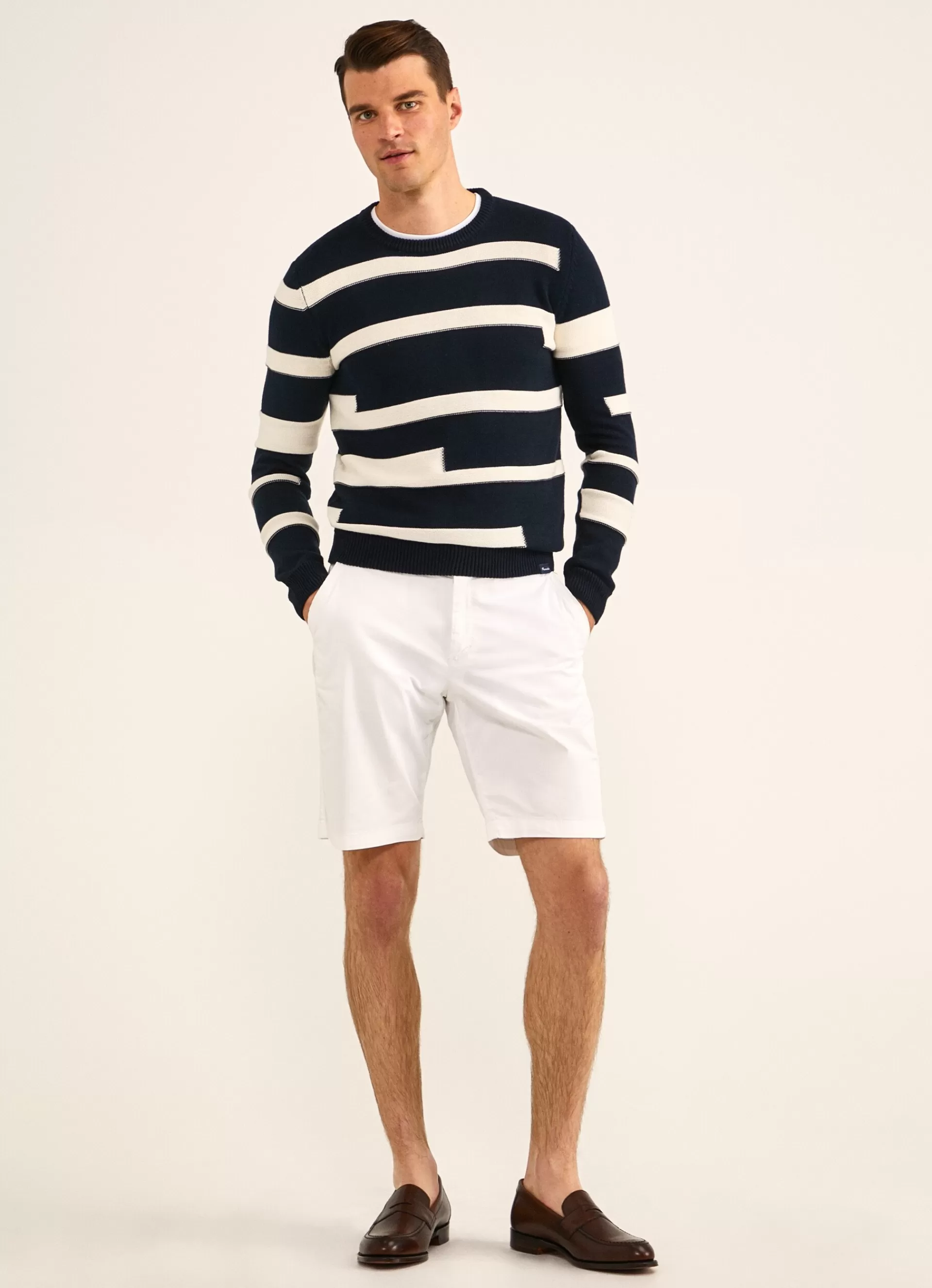 Pulls>Façonnable Pull A Rayures En Intarsia Navy/White